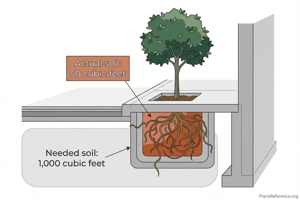 Cross-section showing urban tree with insufficient soil volume in small concrete opening