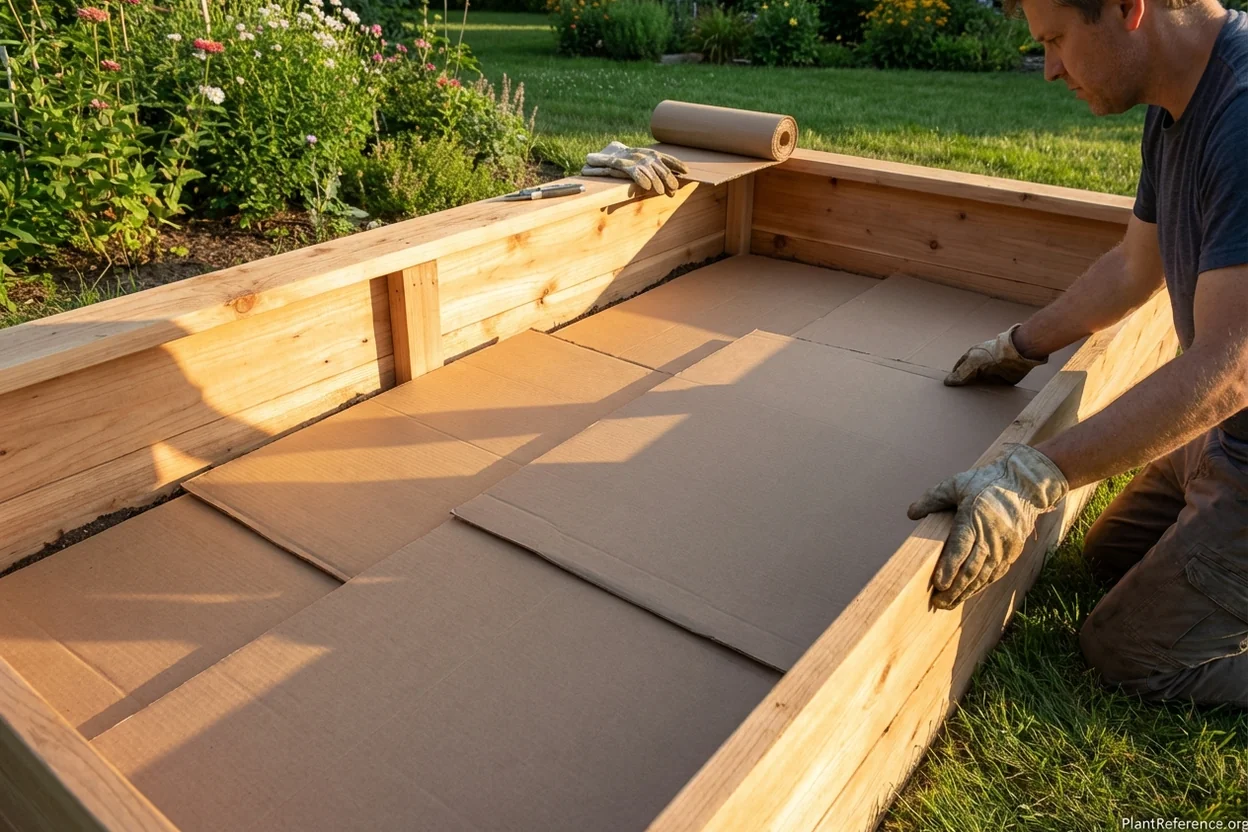 Installing cardboard weed barrier in raised garden bed frame with proper overlap technique