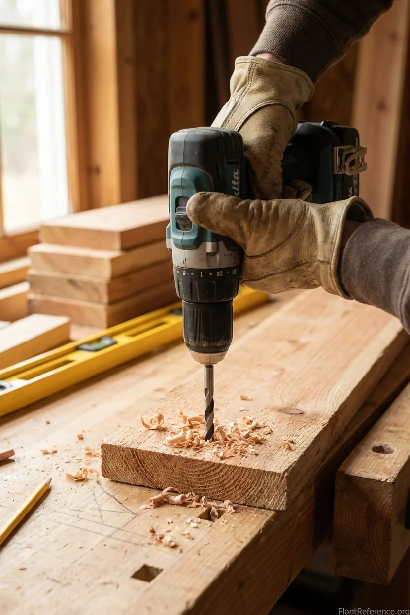 Drilling pilot holes in cedar boards for raised garden bed corner assembly with cordless drill