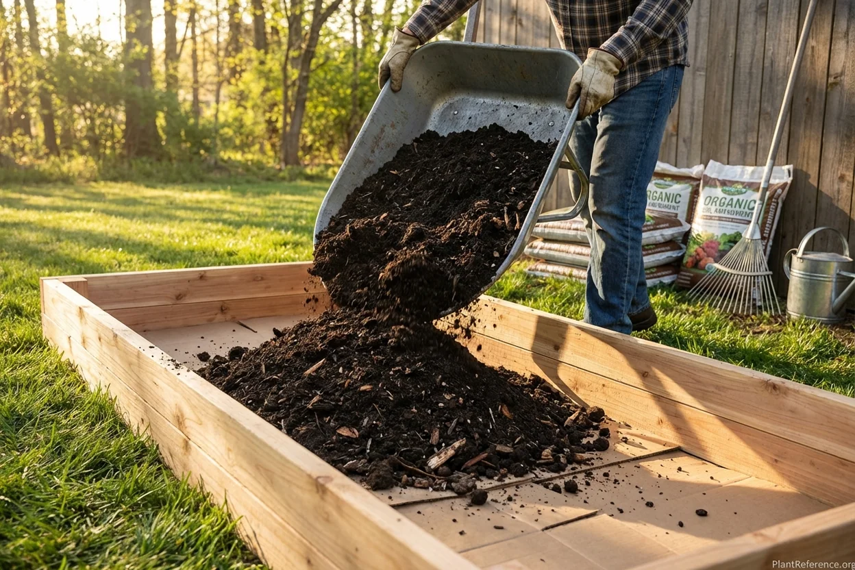 Adding quality soil mix to completed raised garden bed using wheelbarrow for even distribution