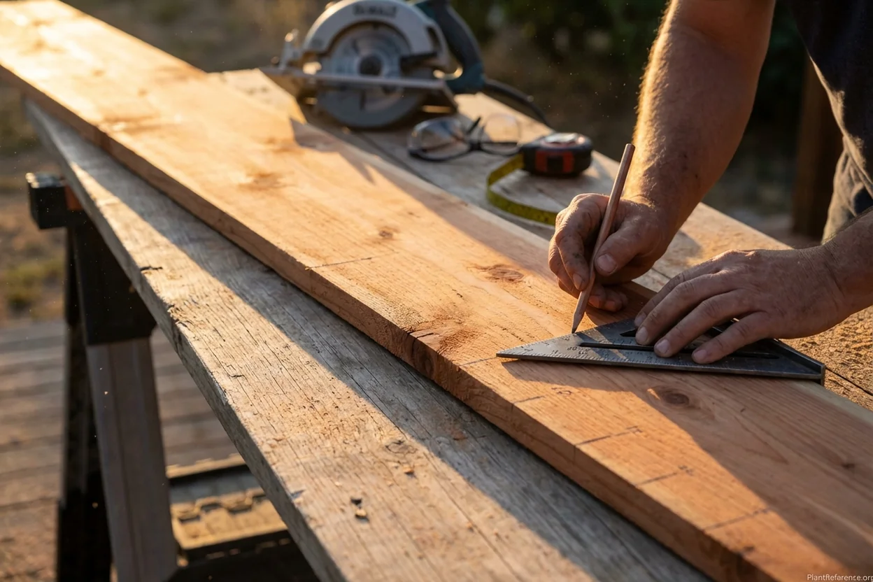 Marking cedar lumber with speed square and pencil for precise raised garden bed cuts