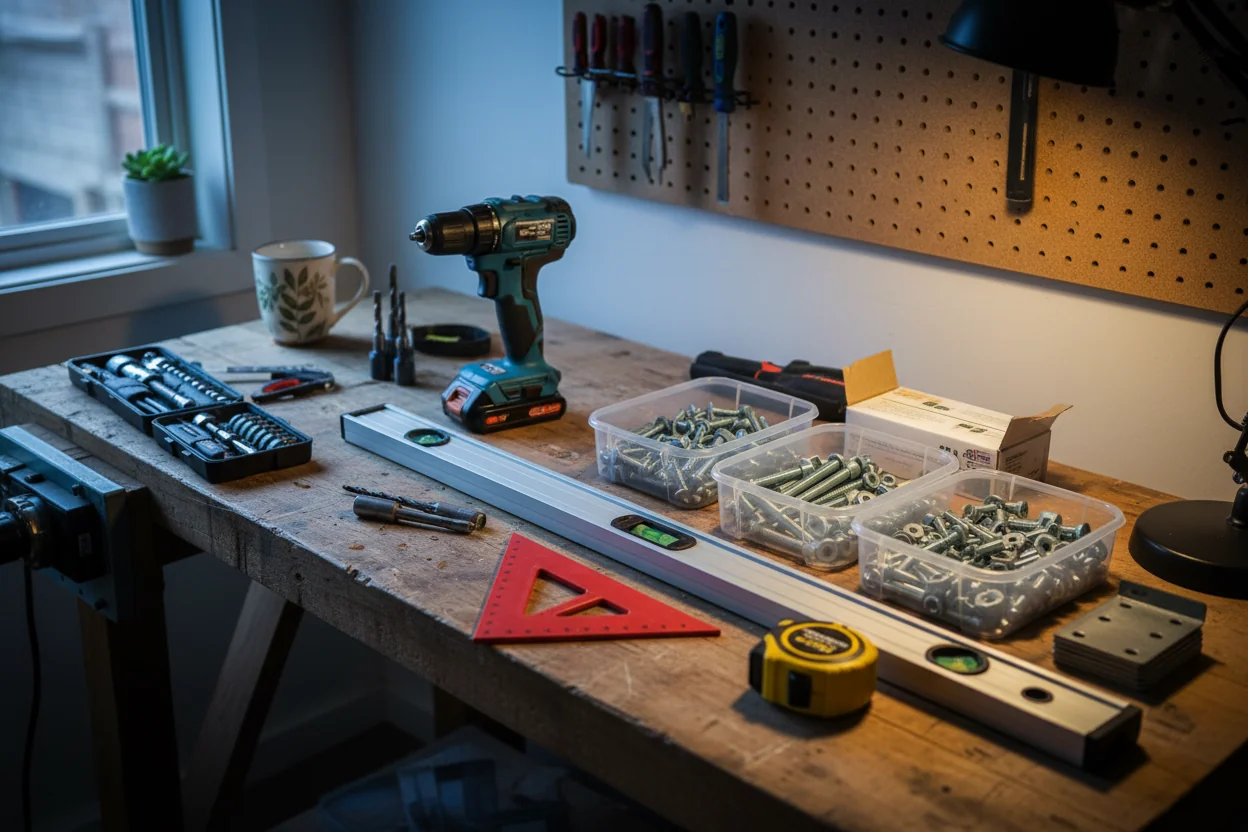 Essential tools and hardware for raised garden bed construction including drill, level, and galvanized bolts