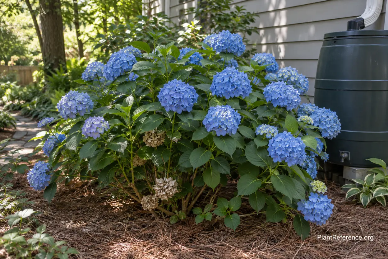 Vivid blue mophead hydrangeas in acidic soil mulched with pine needles after changing hydrangea color to blue