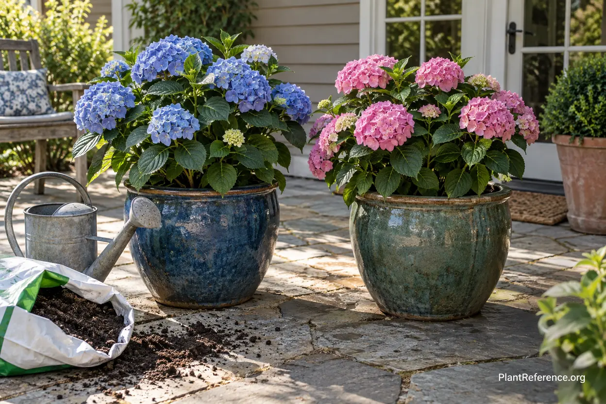Blue and pink bigleaf hydrangeas in containers on a patio showing color controlled by potting mix pH