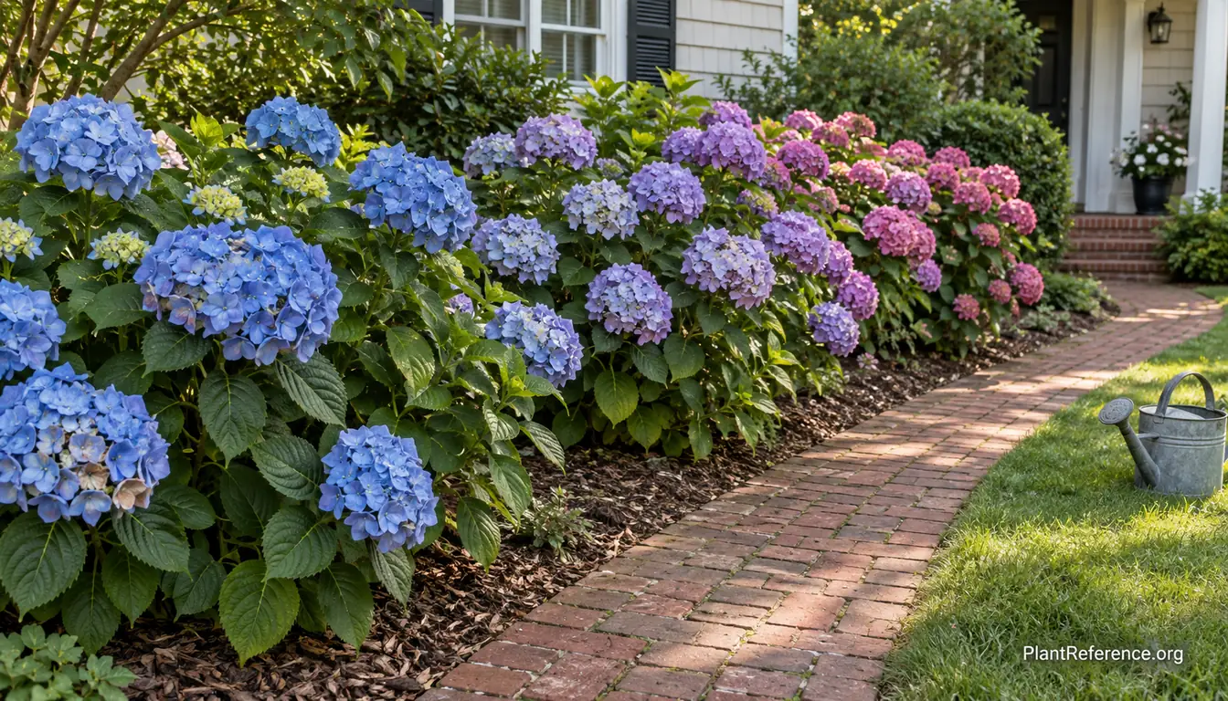 Bigleaf hydrangeas showing blue, purple, and pink flowers along a garden border, illustrating how to change hydrangea color