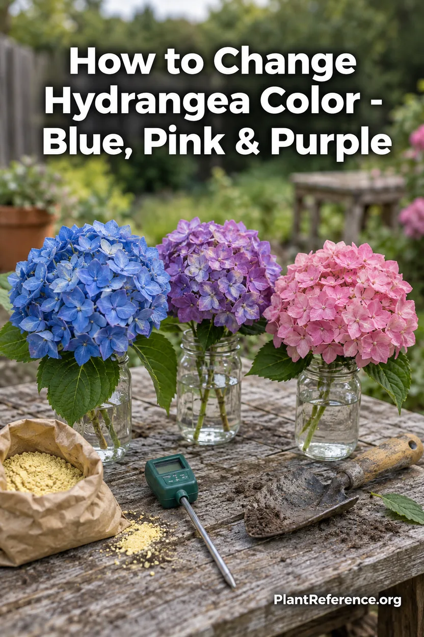 Blue, purple, and pink hydrangea blooms in jars showing how to change hydrangea color with soil pH