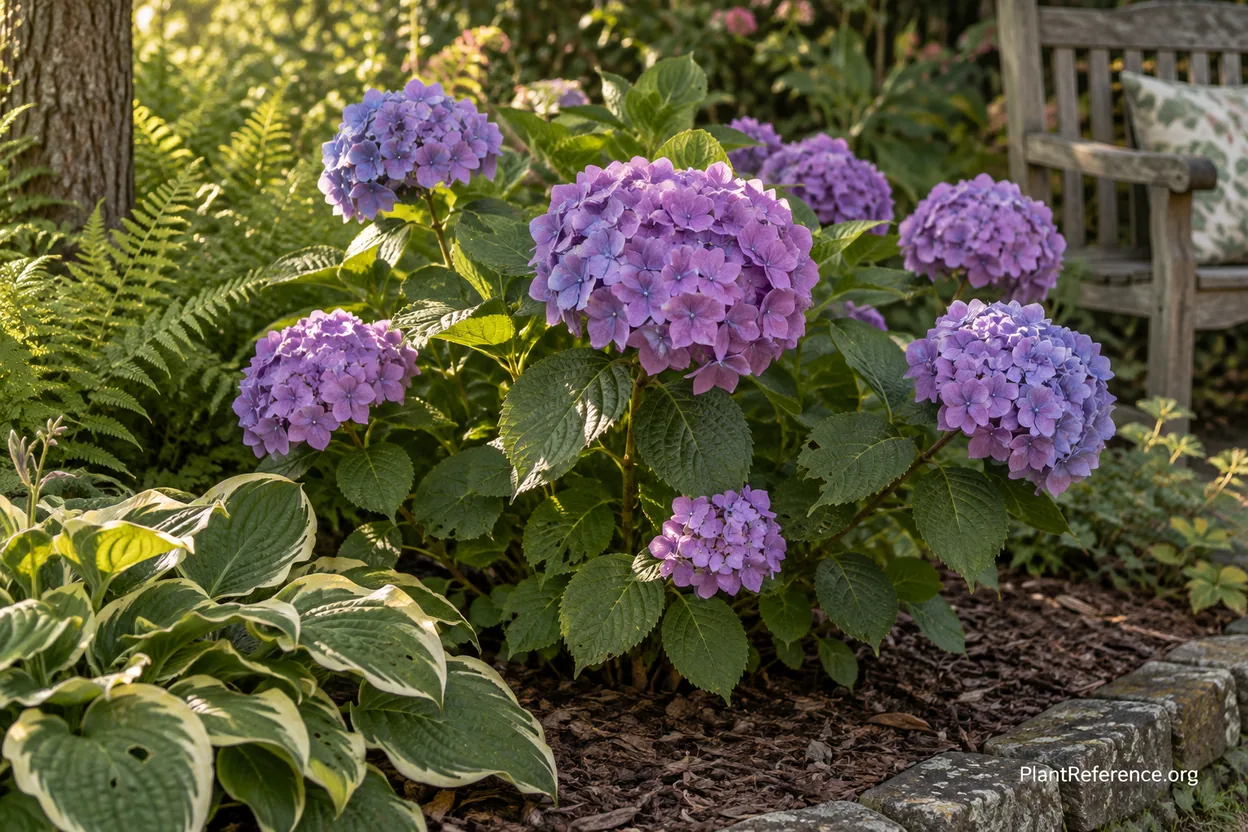 Bigleaf hydrangea with lavender and purple flowers in mildly acidic soil in a perennial border