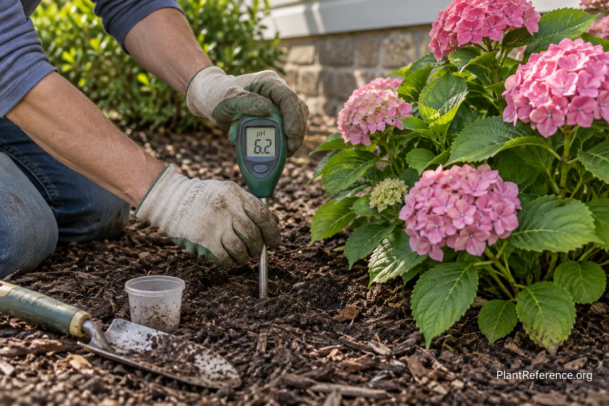 Gardener testing soil pH with a probe meter at the base of a hydrangea before changing flower color