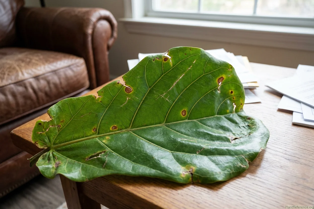 Fiddle leaf fig leaf showing damage from improper cleaning including tears and brown spots