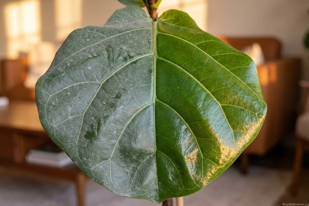 Before and after comparison of dusty versus clean fiddle leaf fig leaf showing dramatic shine improvement