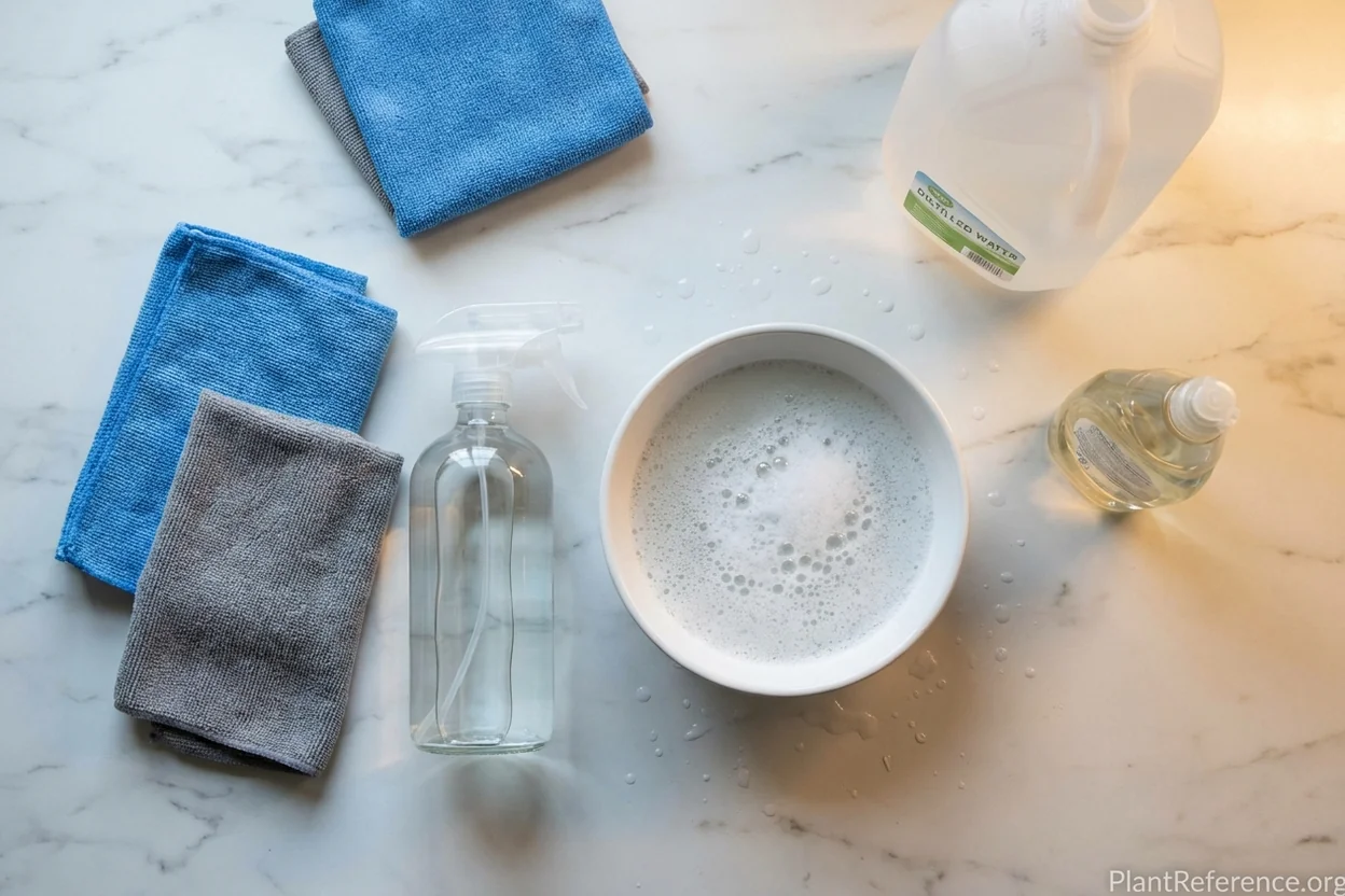 Complete set of fiddle leaf fig leaf cleaning supplies including microfiber cloths and soapy water