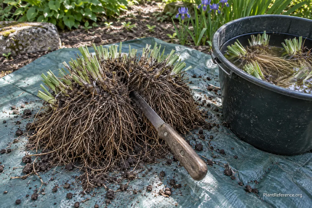 Dense fibrous Siberian iris root mass being cut into divisions with a serrated knife