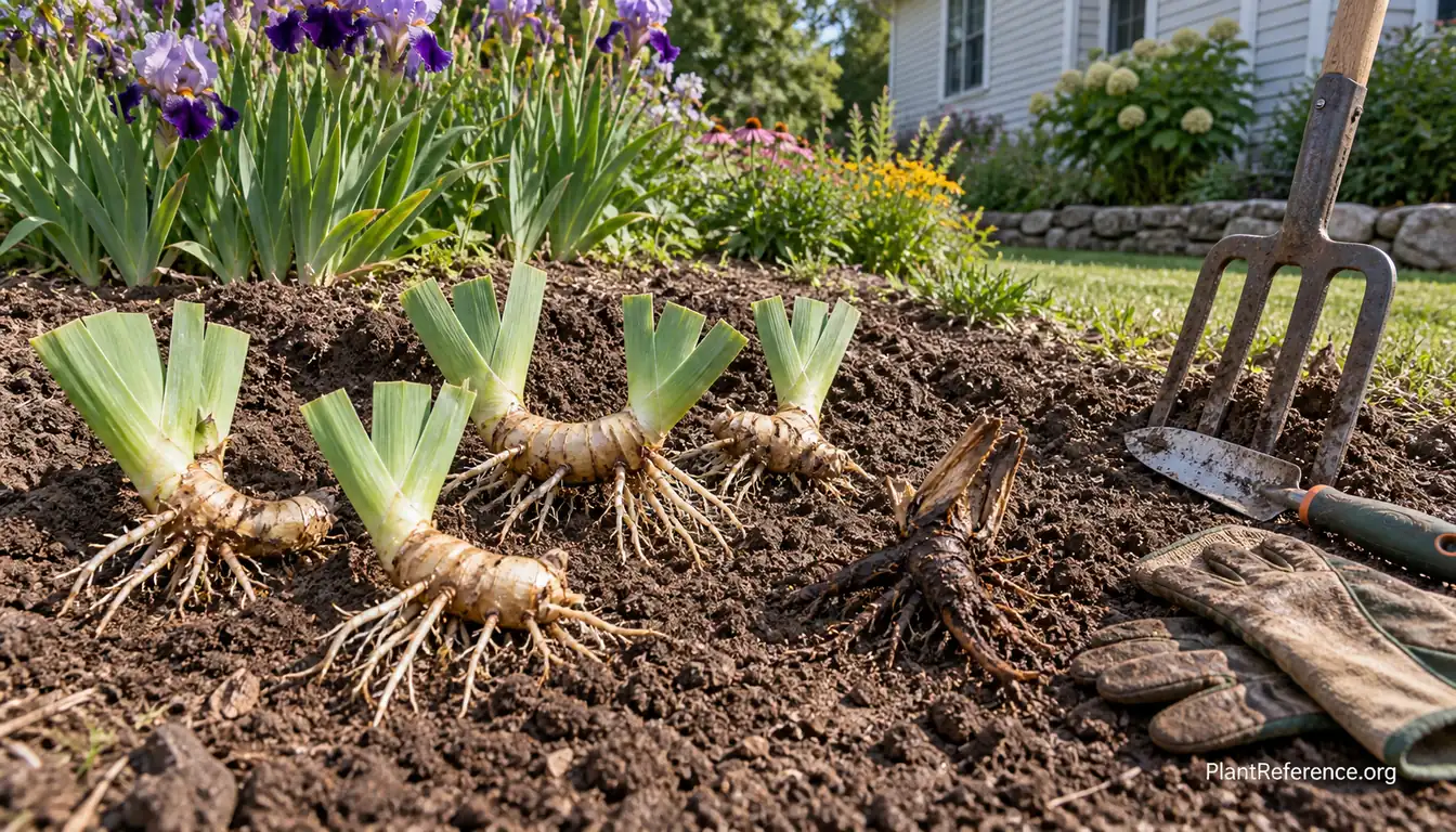 Bearded iris rhizomes lifted and separated into divisions with trimmed leaf fans ready for replanting