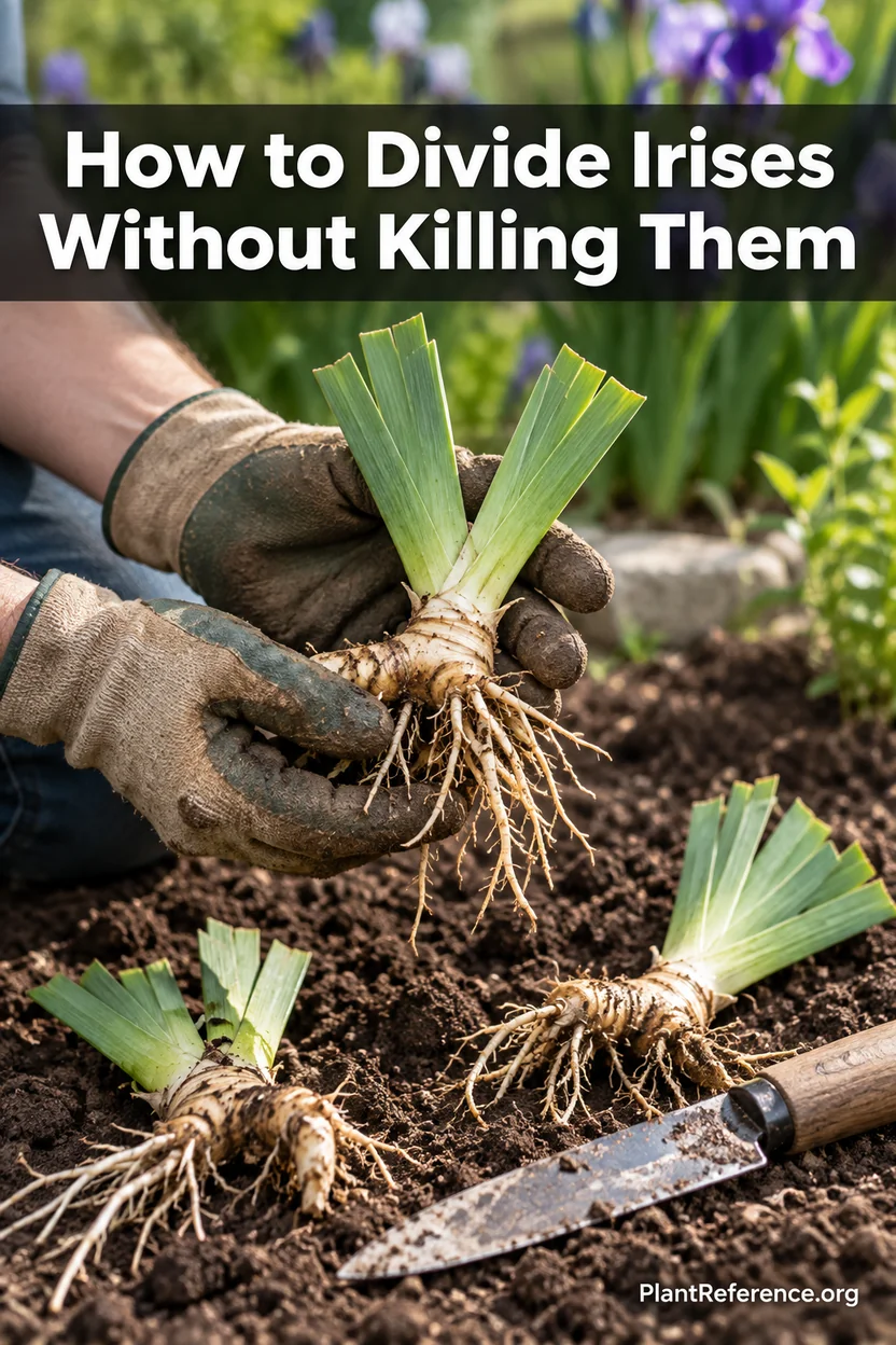 Guide to dividing bearded iris rhizomes showing trimmed fans and correct shallow planting depth