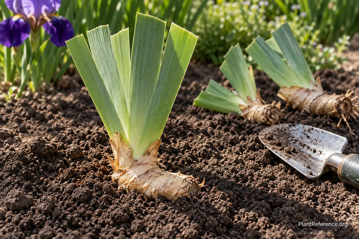 Bearded iris rhizome planted correctly with the top exposed at the soil surface and roots buried