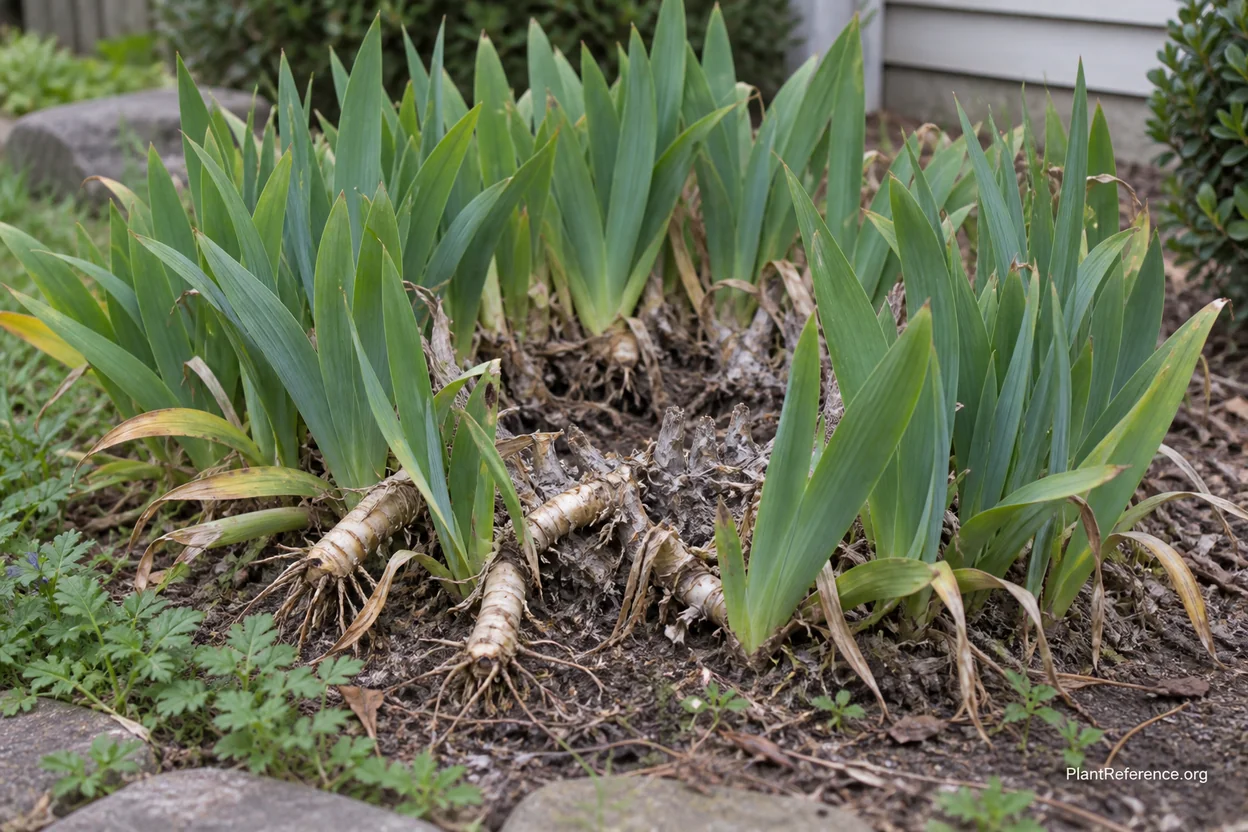 Congested bearded iris clump showing dead center and rhizomes heaving above the soil surface