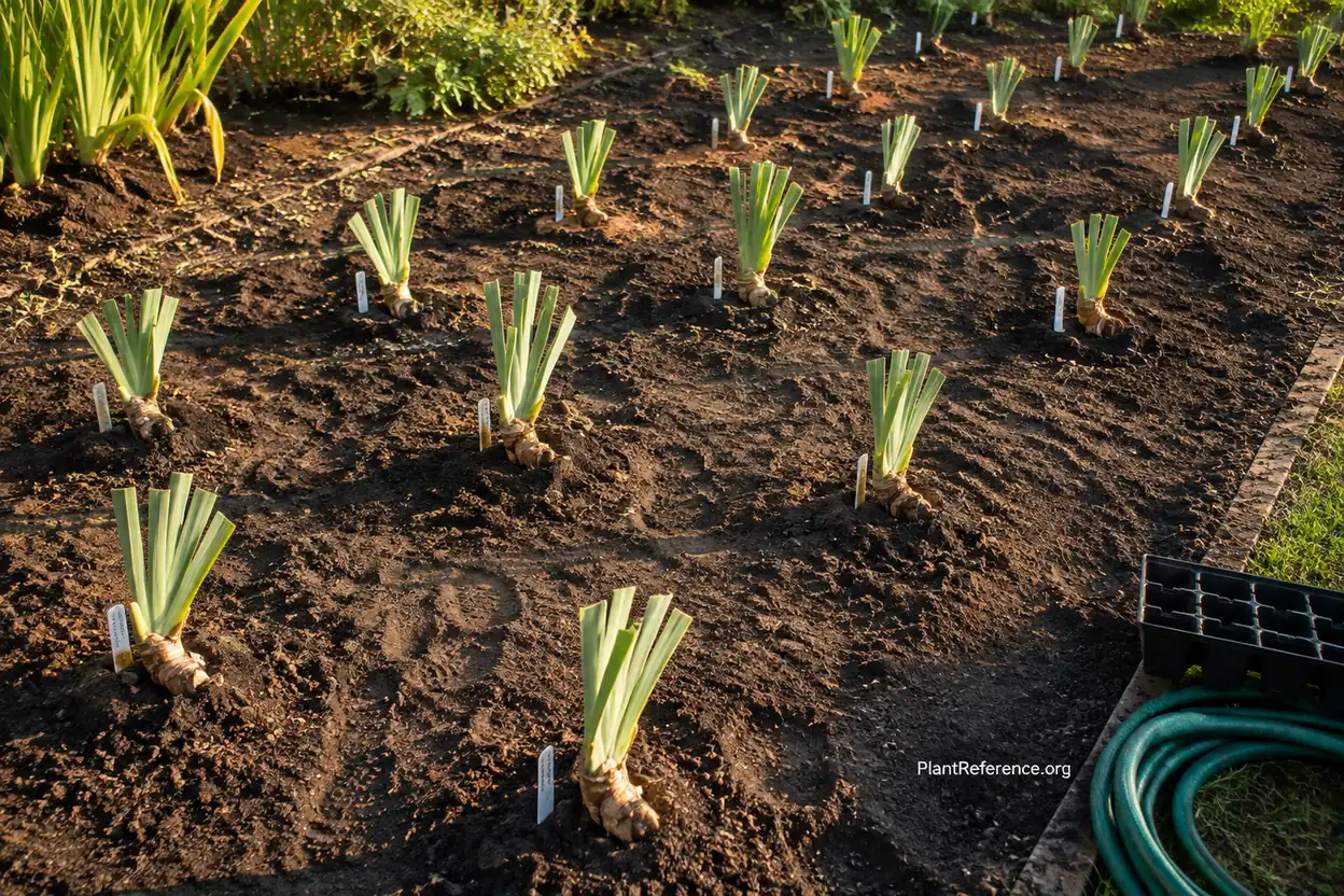 Newly replanted bearded iris divisions spaced in a prepared bed with plant labels