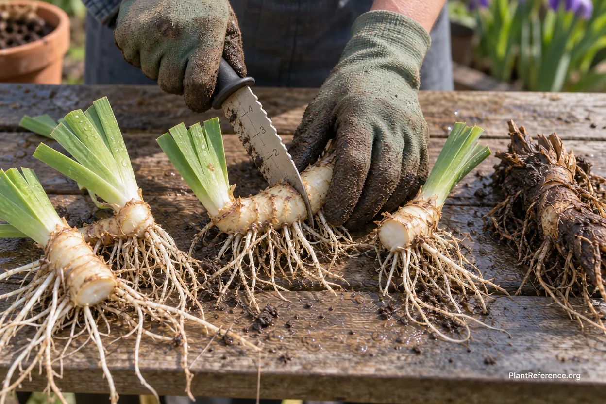 Hands separating washed bearded iris rhizomes into single-fan divisions using a garden soil knife