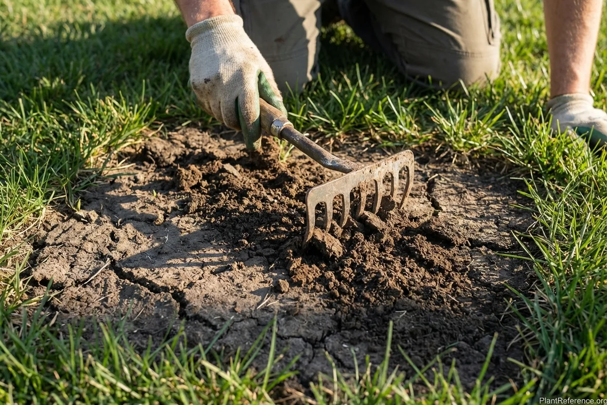 Garden rake loosening compacted soil in a bare lawn spot to prepare for grass seed repair