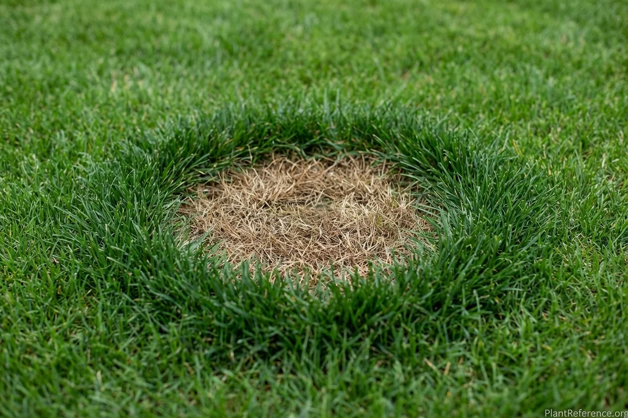 Dog urine bare spot with dead brown center and bright green ring border on residential lawn