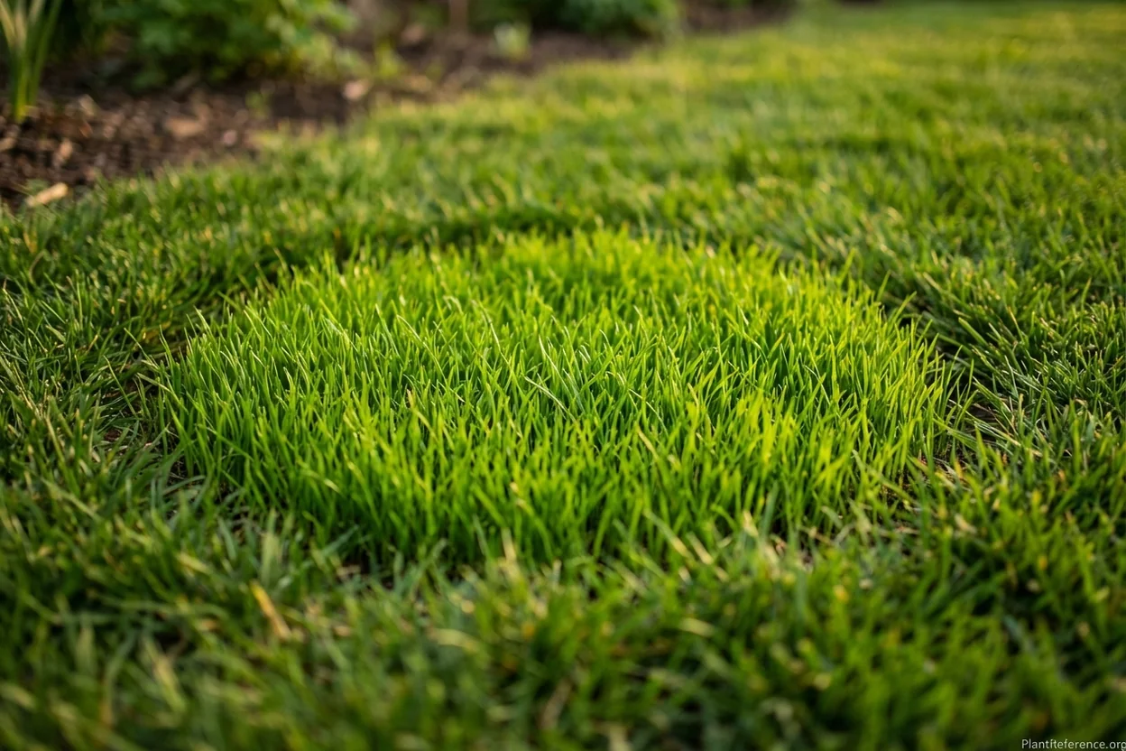 New grass seedlings filling in a previously bare lawn spot after three weeks of seed repair