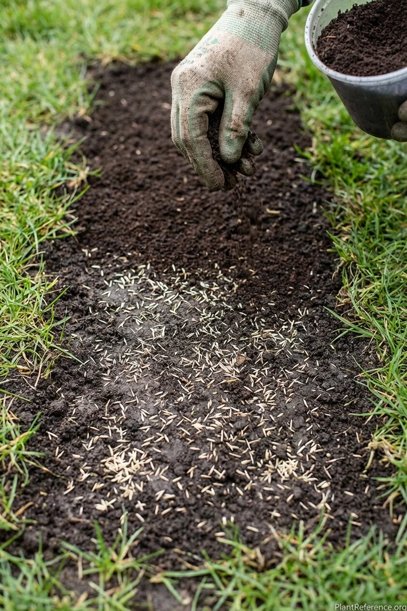 Grass seed on prepared soil in bare lawn spot with thin layer of compost being applied over the seed