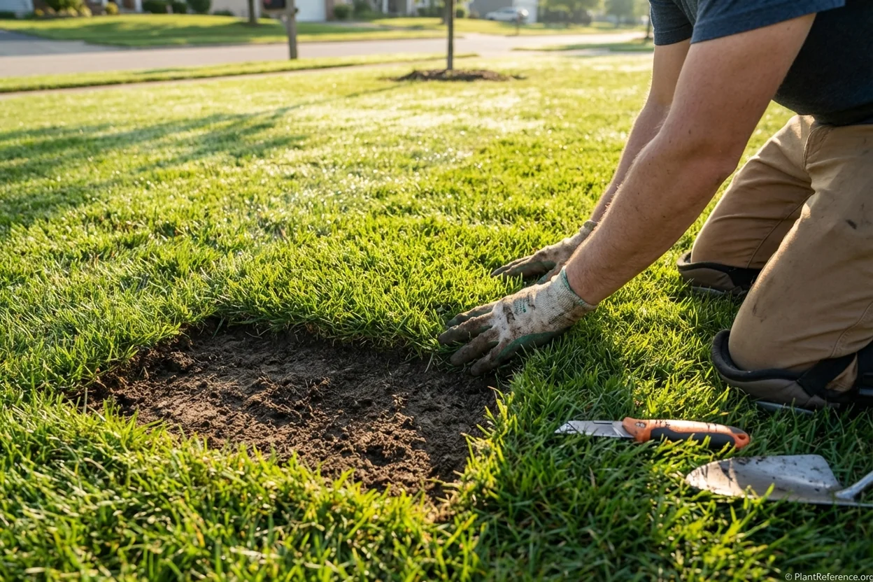 Fresh sod piece being pressed into loosened soil in a bare lawn spot for instant repair