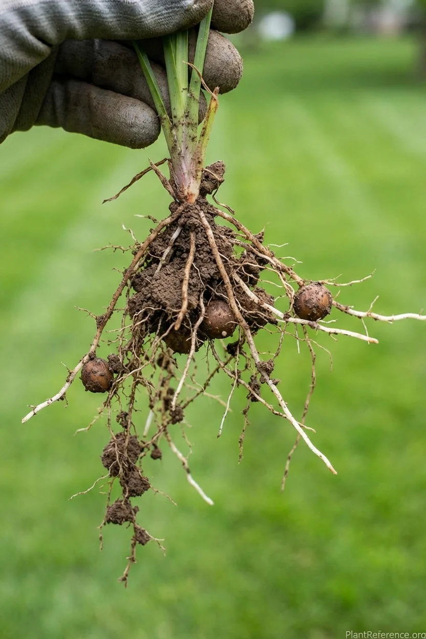 Nutsedge plant removed from soil showing brown nutlet tubers attached to rhizome root network