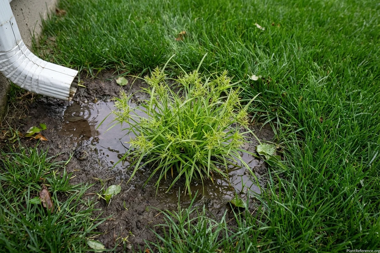 Nutsedge colony growing in a wet low spot of a residential lawn indicating poor drainage