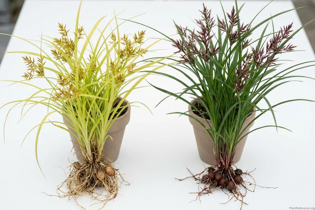 Yellow nutsedge with light green leaves and yellow seed heads compared to purple nutsedge with darker leaves