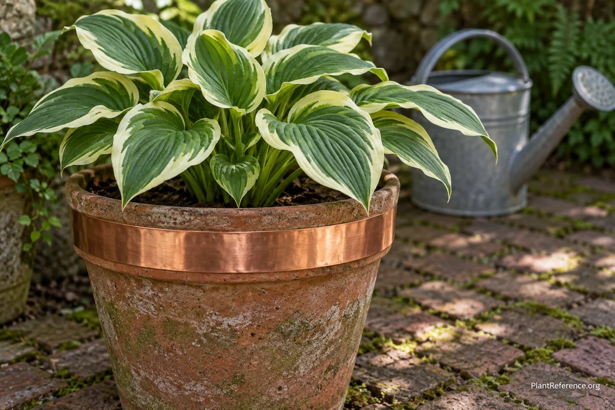 Copper tape barrier around a container hosta to stop slugs climbing in