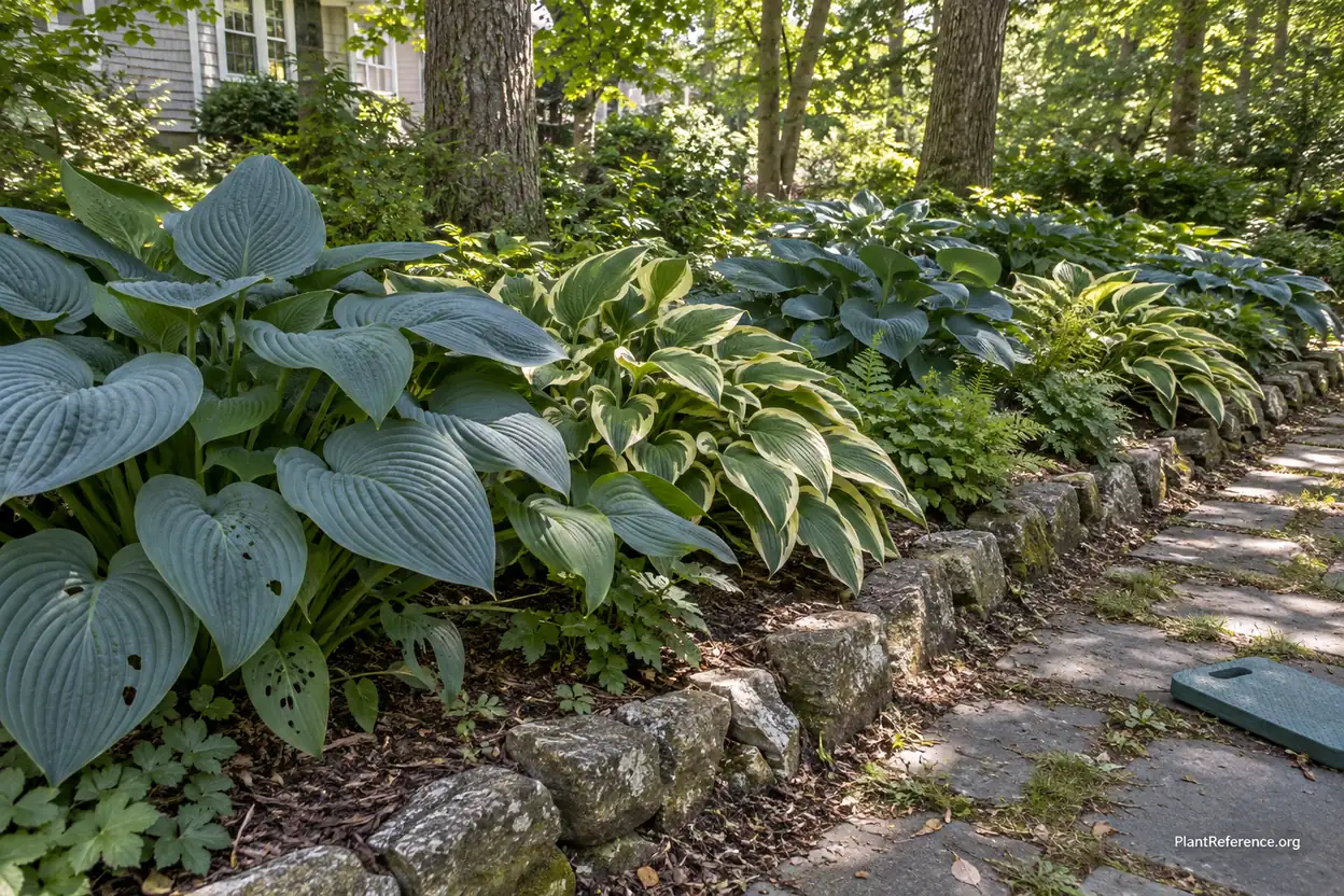 Blue and variegated hostas beside a shaded garden path, with holes visible in several leaves