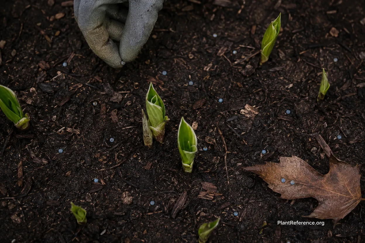 Iron phosphate slug bait scattered thinly on damp soil around hosta shoots