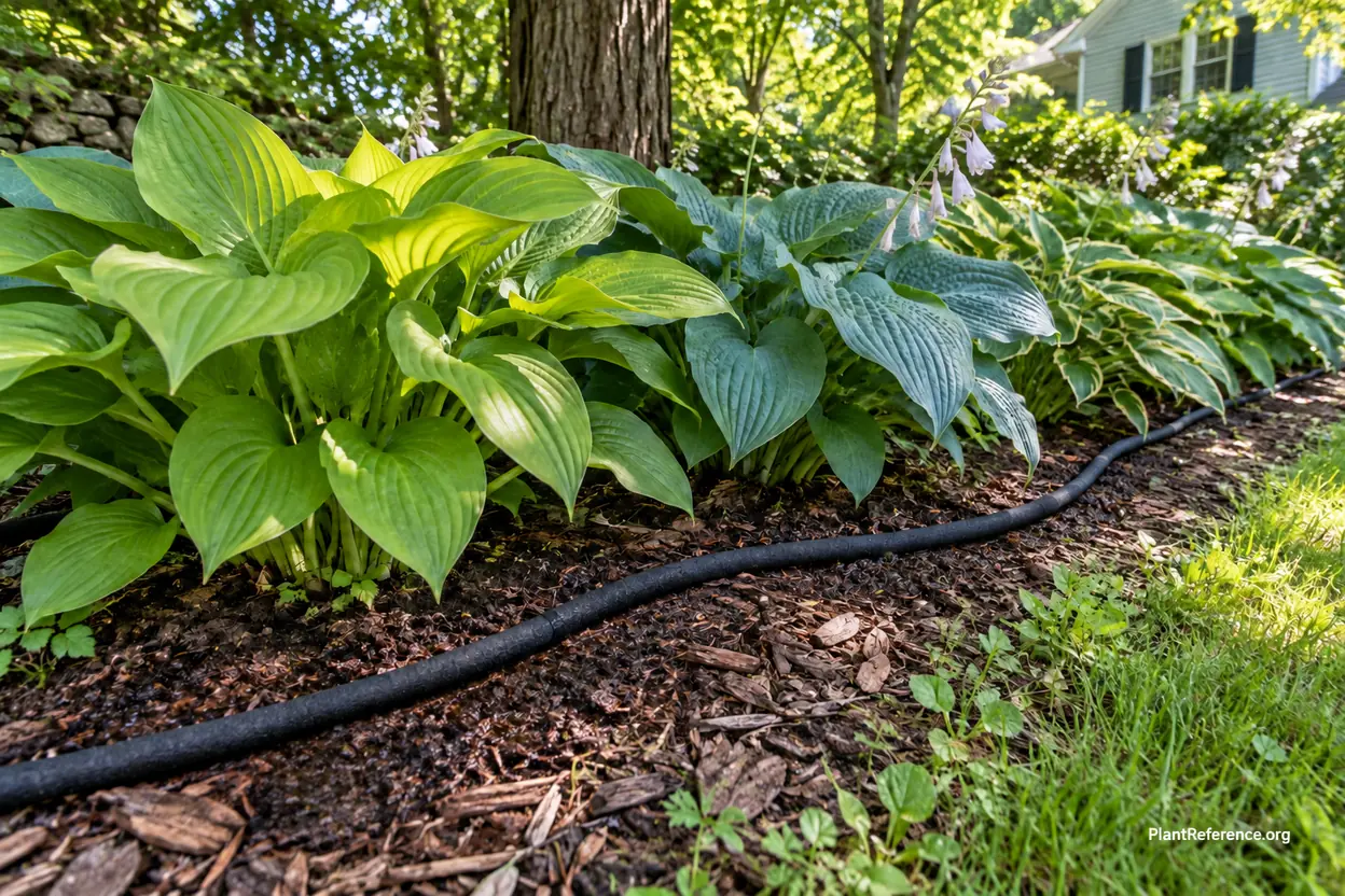 Soaker hose watering hostas at soil level in the morning to reduce slug activity