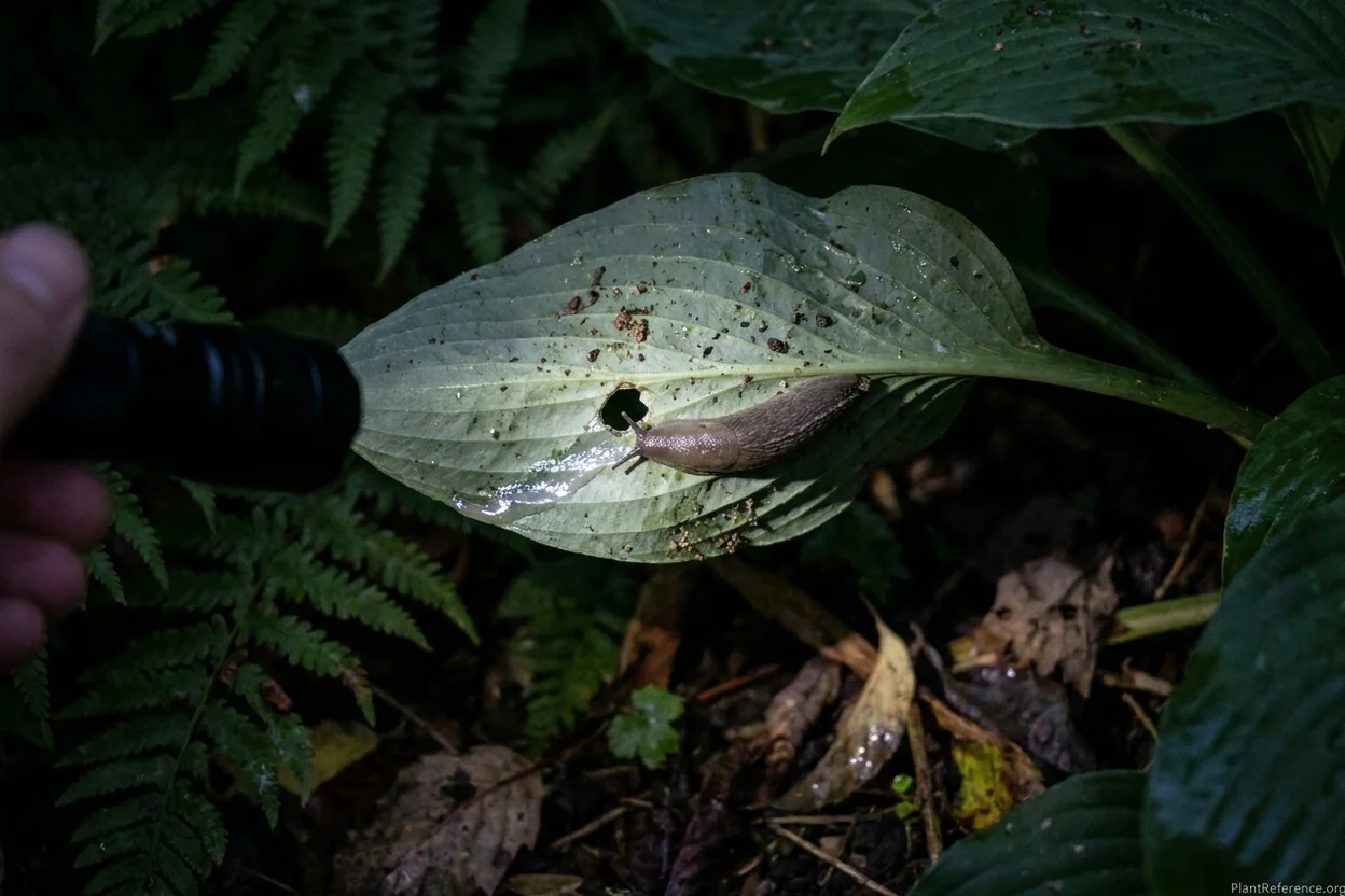 Slug feeding on a hosta leaf at night showing how damage occurs after dark