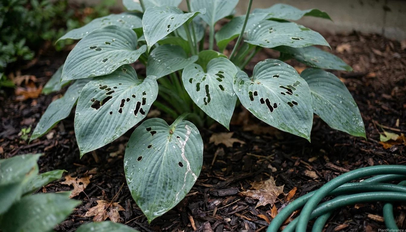 Hosta leaves with ragged holes chewed by slugs in a shaded garden bed