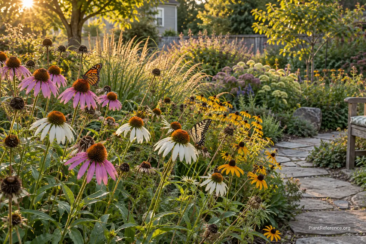 Late summer border of coneflowers and ornamental grasses with butterflies feeding
