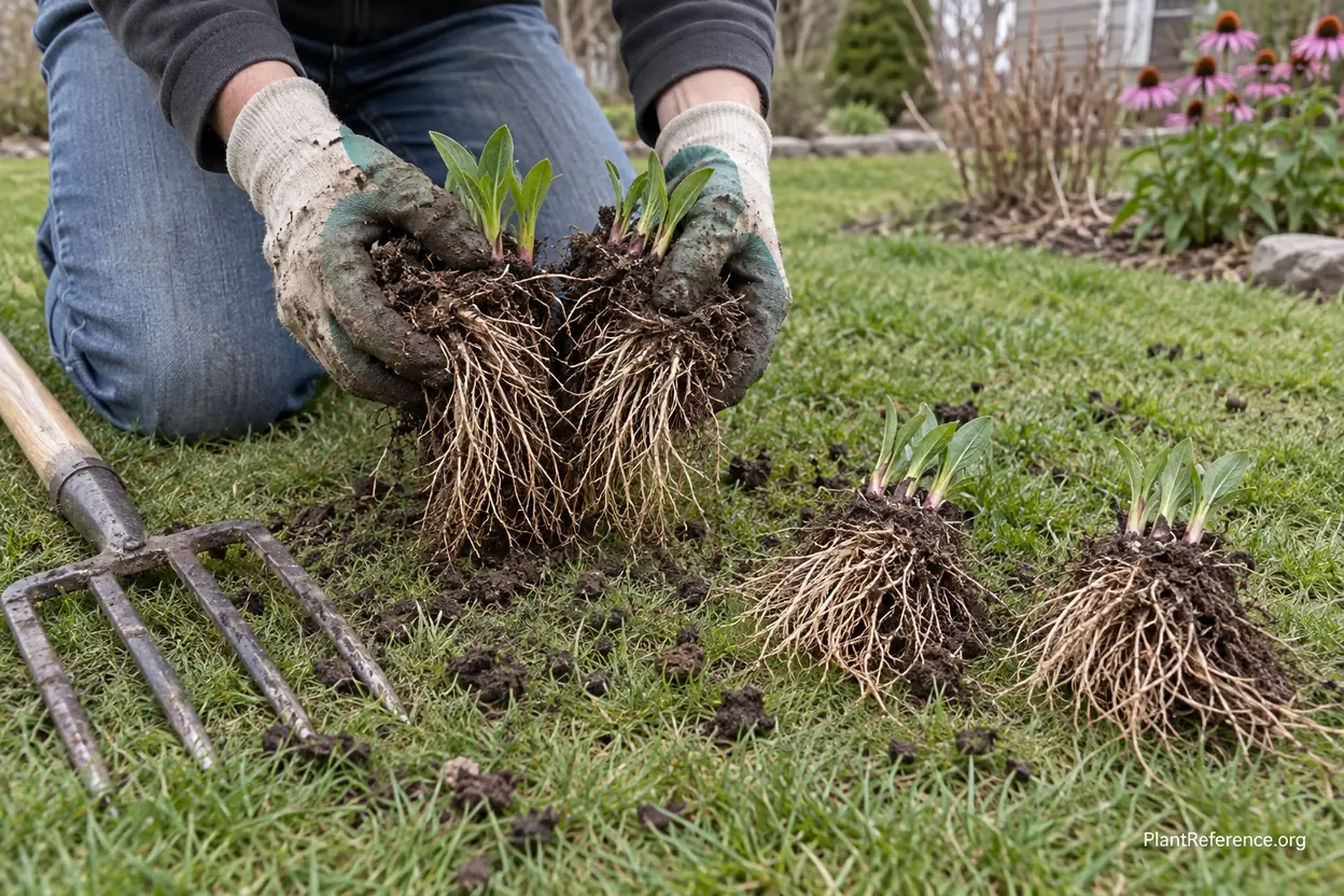 Hands pulling apart a lifted coneflower clump showing fibrous roots and new shoots
