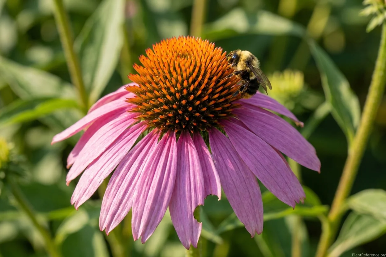 Bumblebee feeding on the spiny orange central cone of a purple coneflower