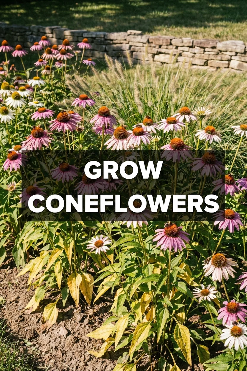 Pinterest graphic showing a purple coneflower border with pollinators feeding