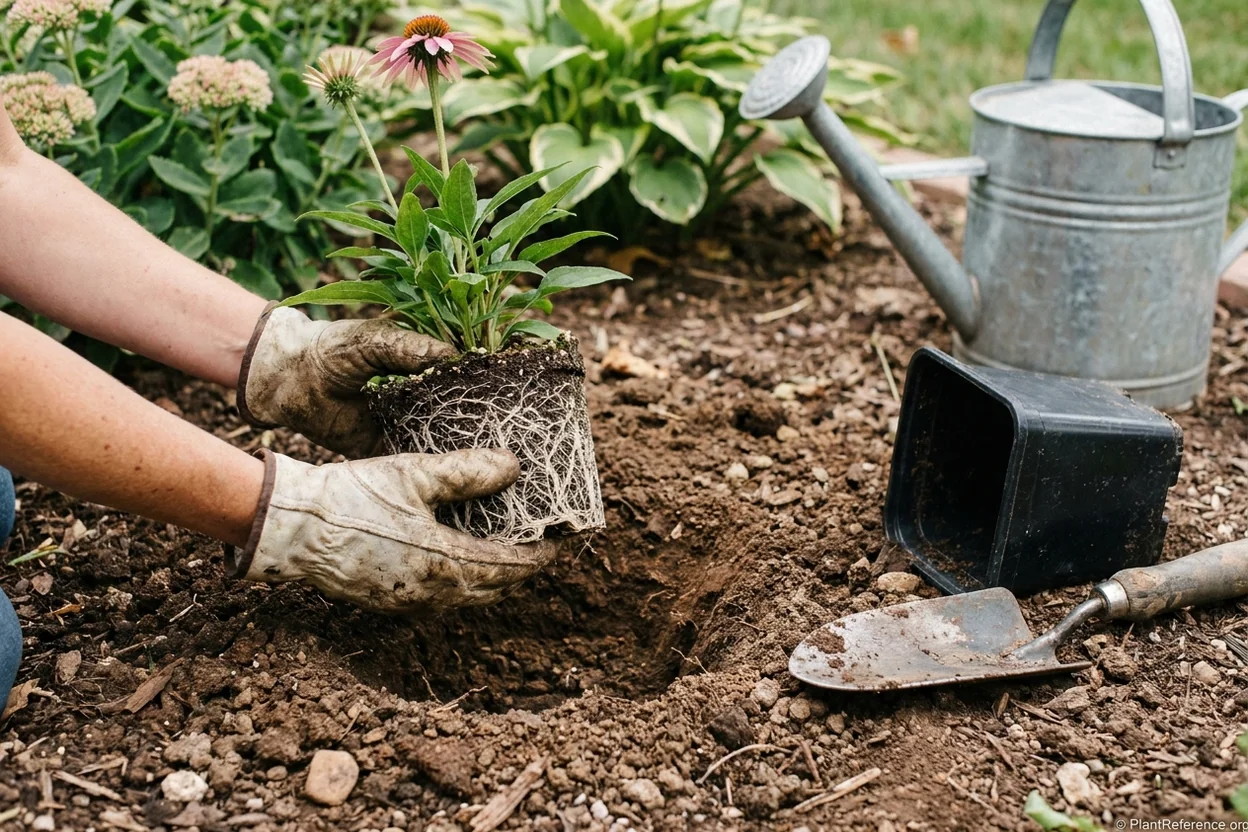 Gloved hands setting a young coneflower plant into a hole with crown level with soil