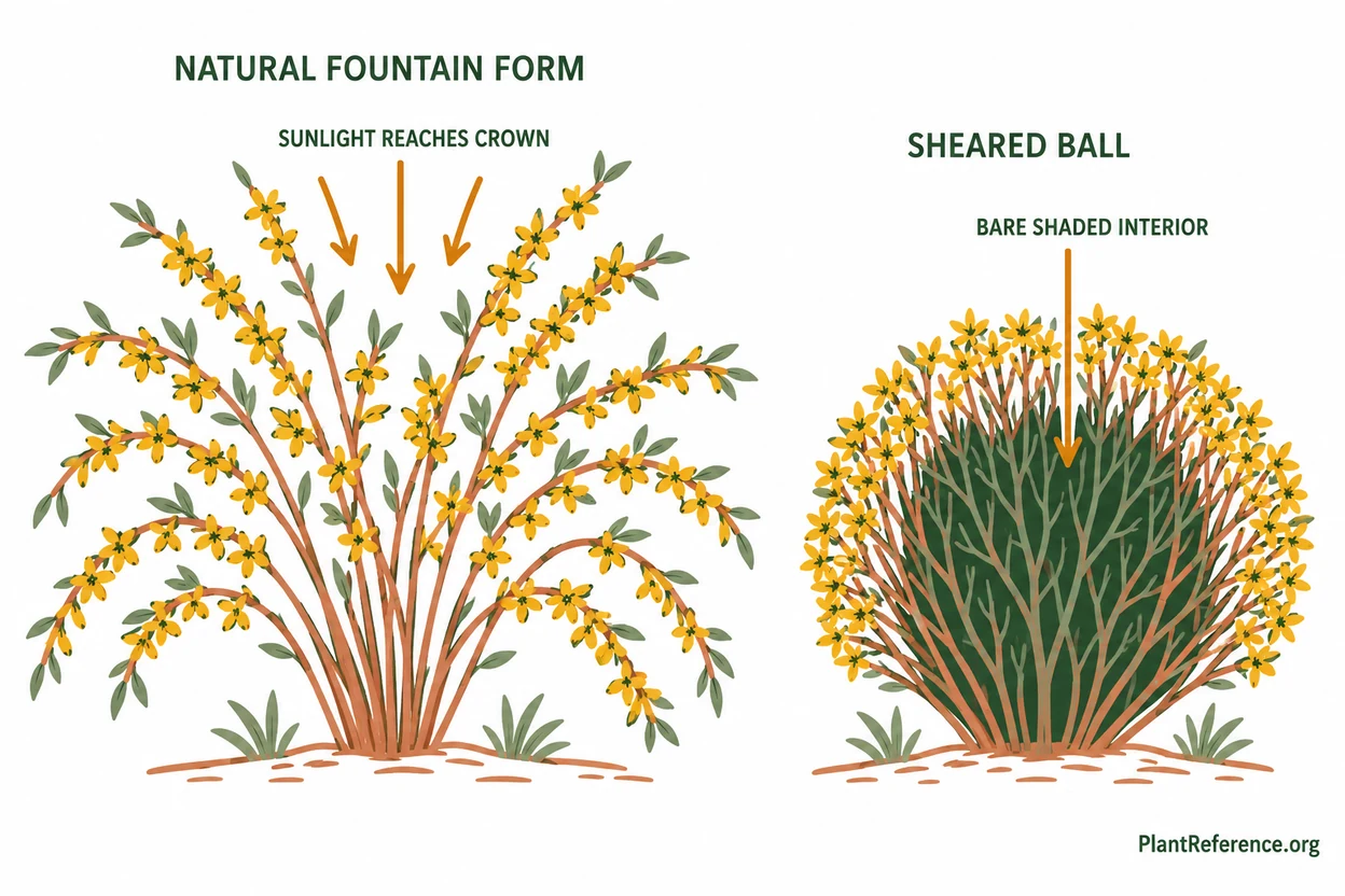 Natural forsythia fountain shape compared with damaging shearing