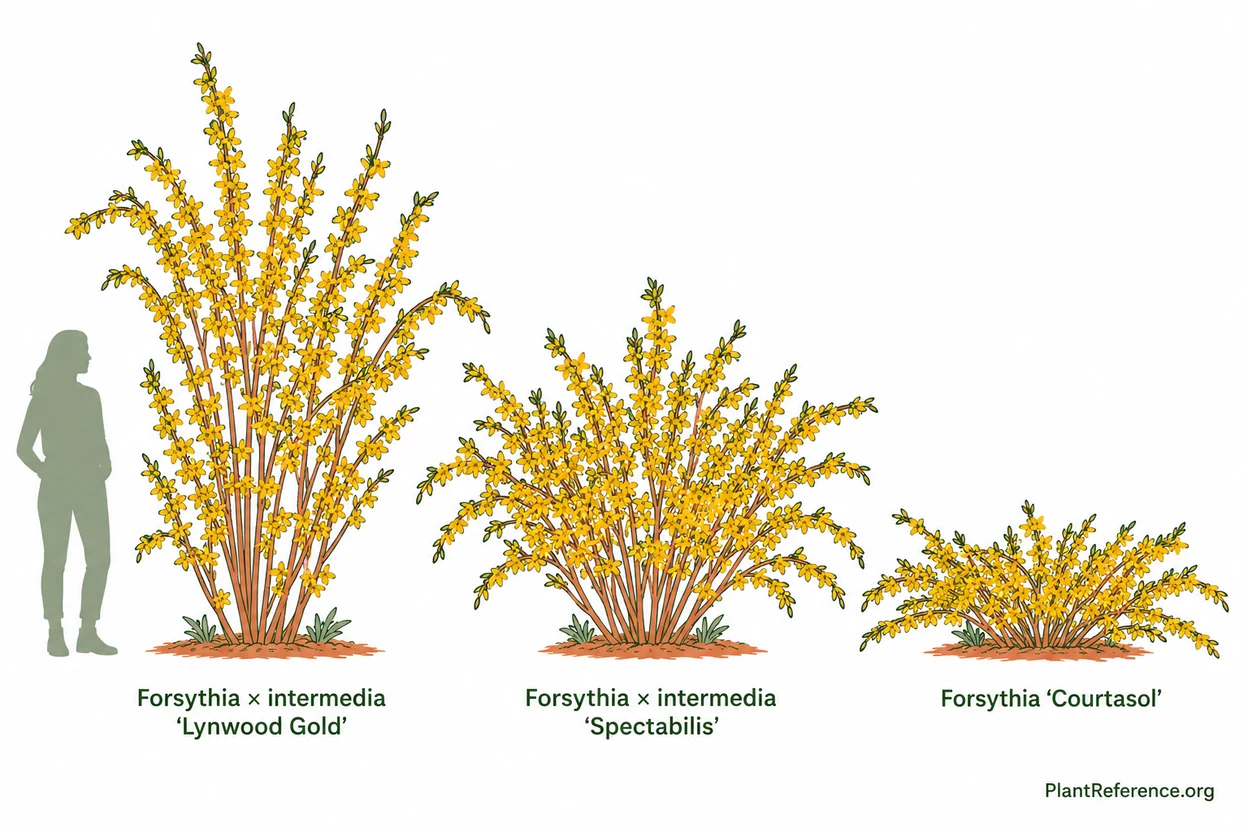 Forsythia cultivar sizes compared for Pacific Northwest gardens