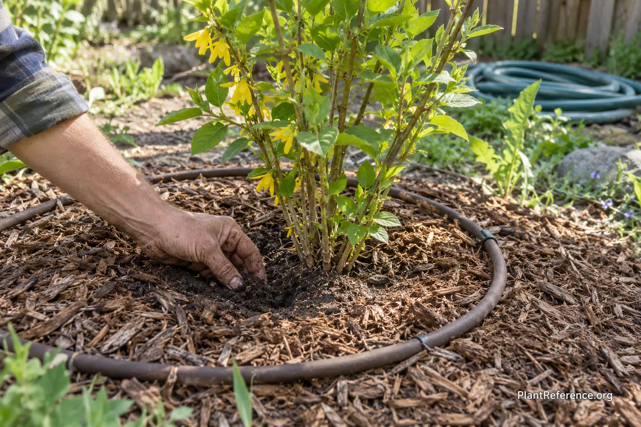 Deep watering and mulching established forsythia during a dry summer