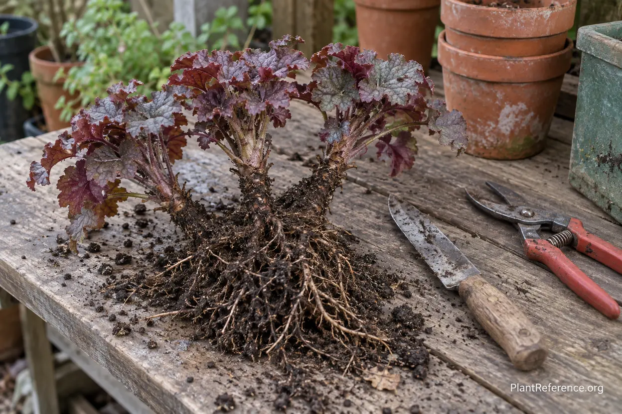 Dividing heuchera coral bells by trimming woody heaved crowns before replanting