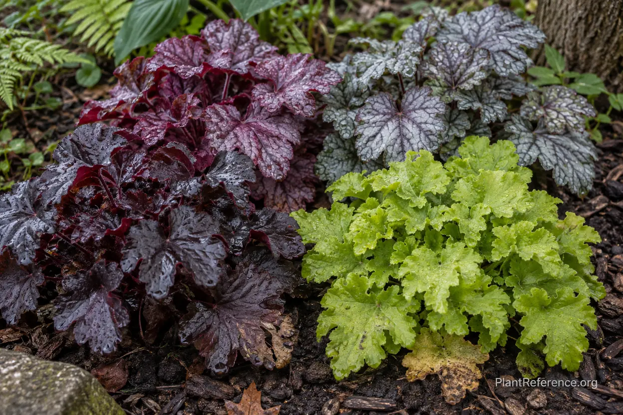 Heuchera coral bells foliage colors including near-black purple silver and lime leaves