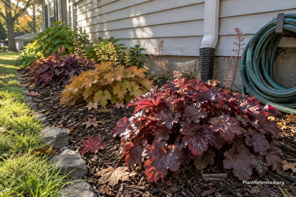 Heuchera coral bells growing in part shade with morning sun along a house foundation