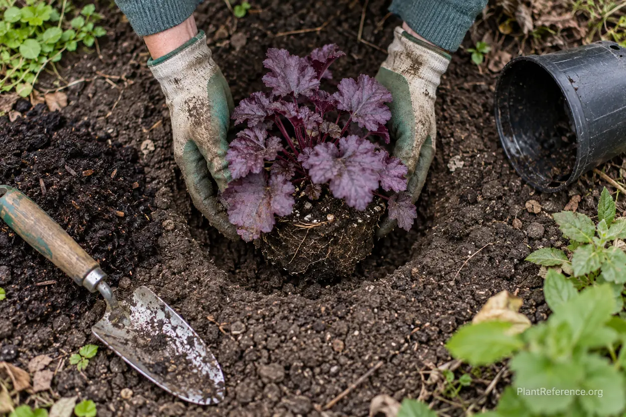 Planting heuchera coral bells with the crown level with the soil surface