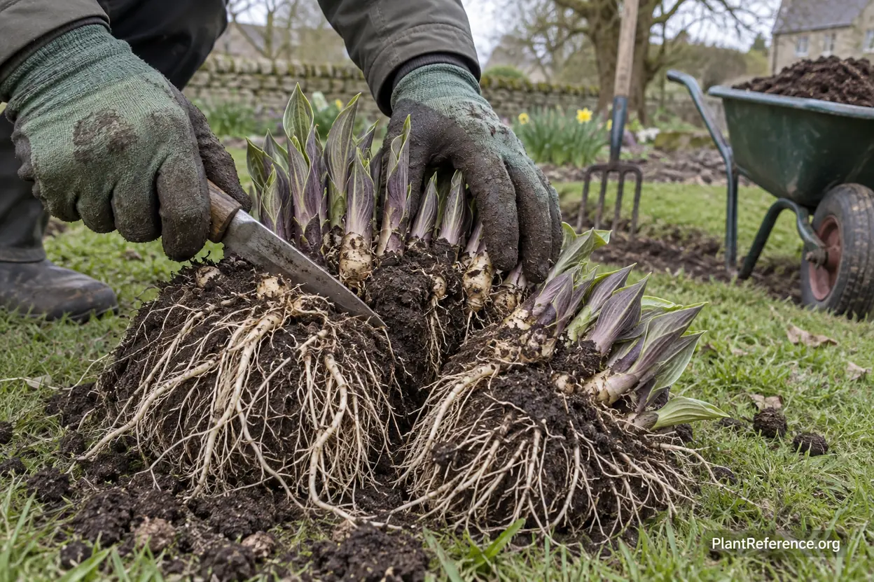 A lifted hosta clump being cut into divisions showing spring pips and white roots