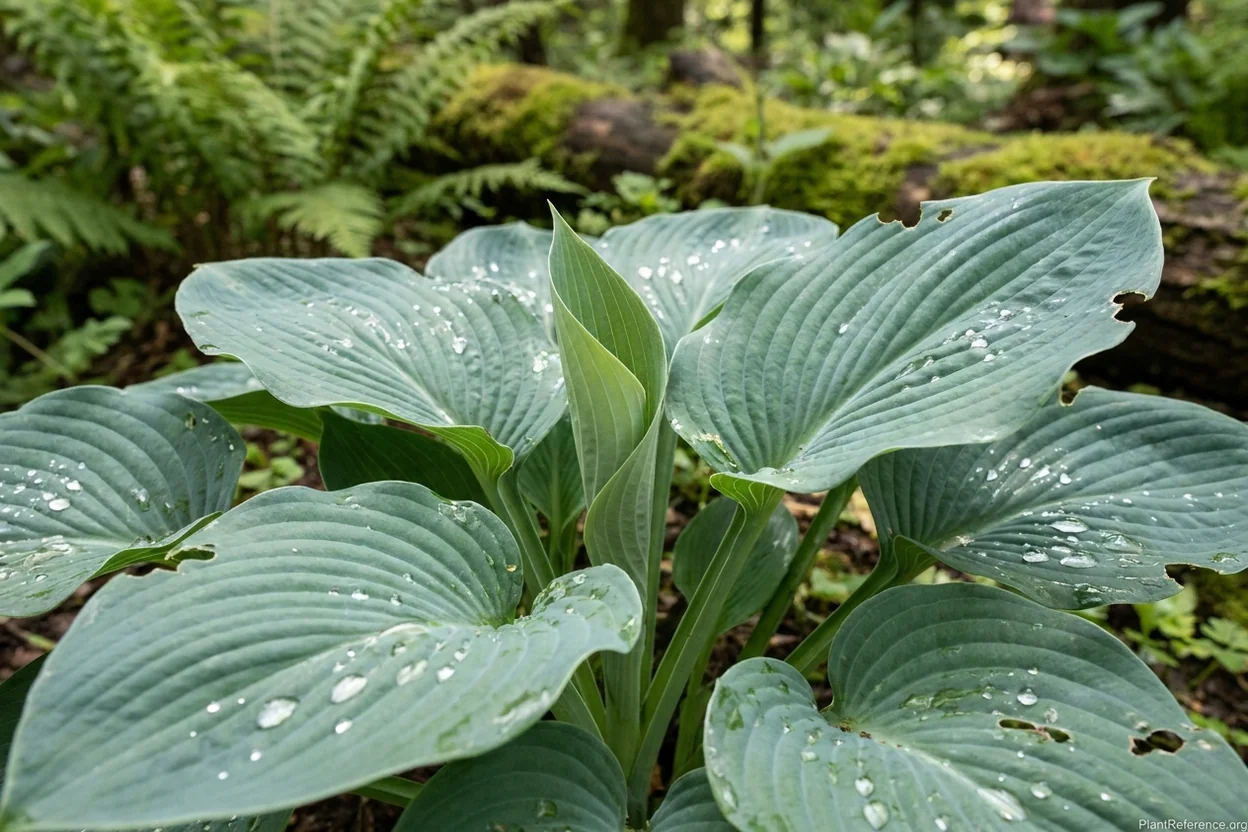 Close-up of thick blue-green corrugated hosta leaves in a shade garden